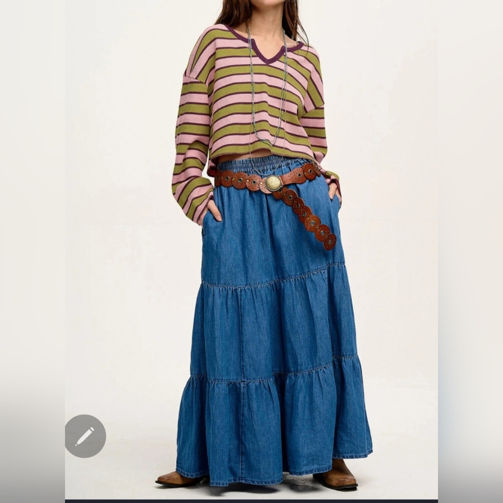 Boutique Oversized Striped Waffle Top : Green, Pink, Wine